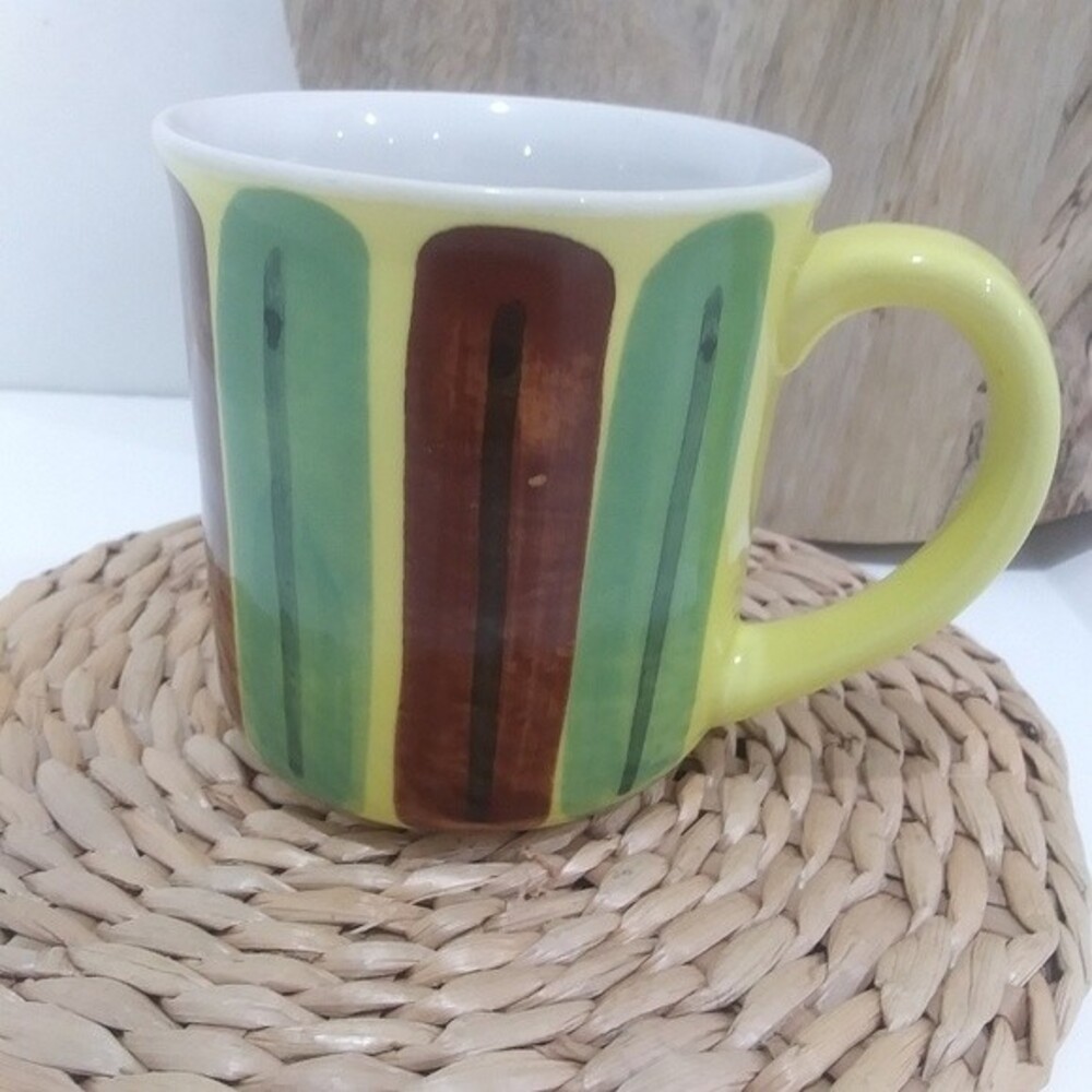 Vintage 60s/70s Striped Coffee Mug, Retro Groovy Yellow Green Brown